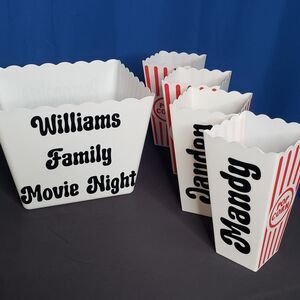 Personalized Popcorn Buckets. Family Movie or Game Night Gift 5 piece bundle.
